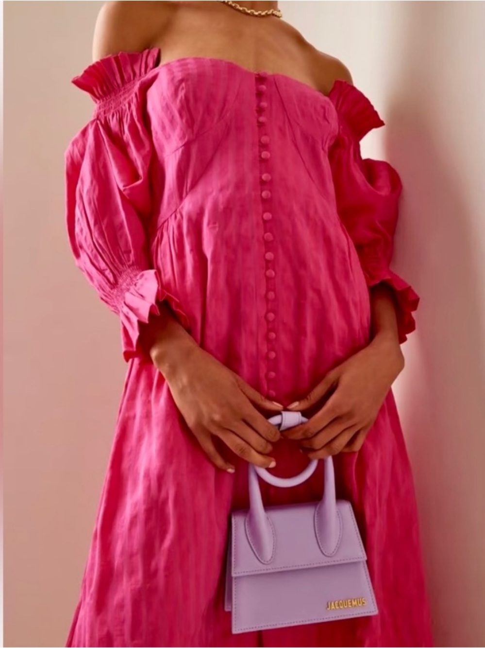 πΊπHPππΊ NWT Cult Gaia Simona Off-The-Shoulder Ruffled Midi Dress Dragonfruit - Picture 1 of 16